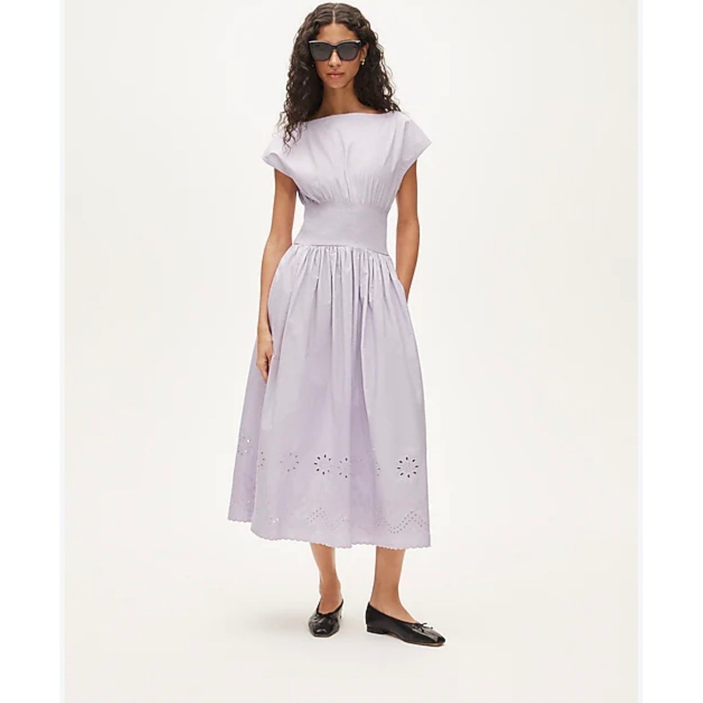 J.Crew Lavender Cotton Poplin Eyelet Smocked Waist Midi Dress Purple M